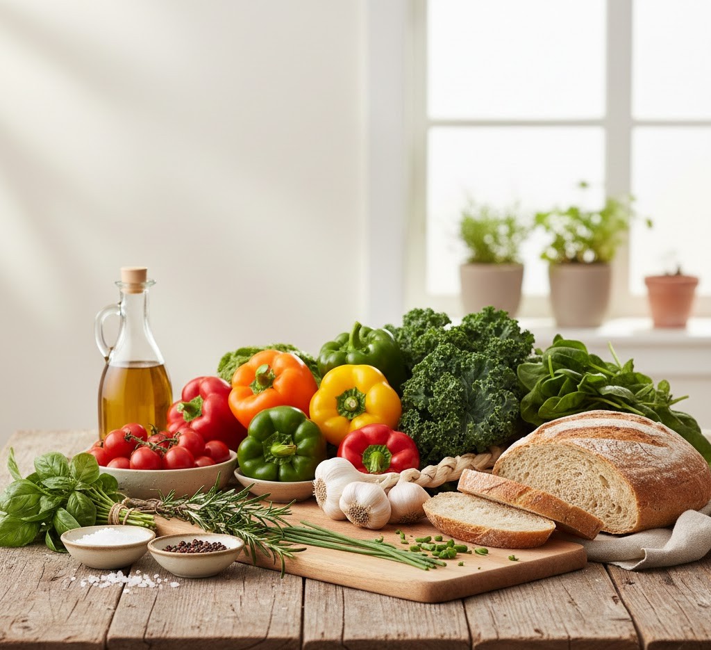 Свежи зеленчуци, билки и хранителни съставки красиво подредени на дървена маса, представляващи здравословни кулинарни традиции и балансирано готвене